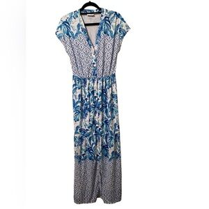 Cabana Life Maxi Dress Womens Sleeveless Delray Tie Waist Floral Blue White L